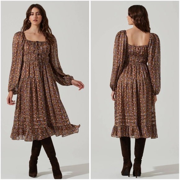 Astr Dresses & Skirts - NWT Astr The Label Ruched Bust Brown Pink Ditsy Floral Midi Dress XS
